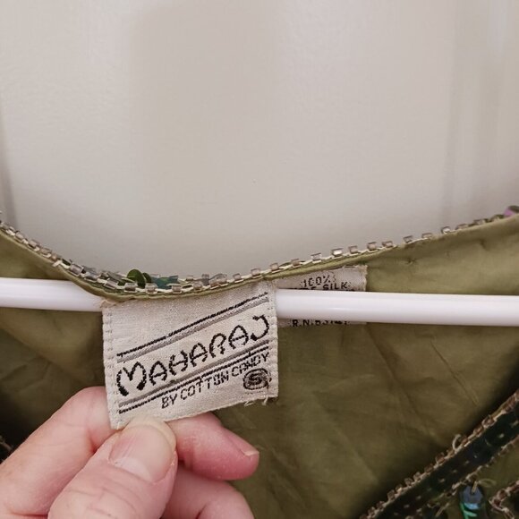 Maharaj Evening Sequin Silk Blouse V Neck Size Small Vintage Green - Picture 3 of 7